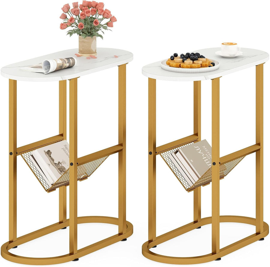 Slim Oval Side Table with Magazine Holder, 2-Tier Metal Frame Small Sofa End Tab