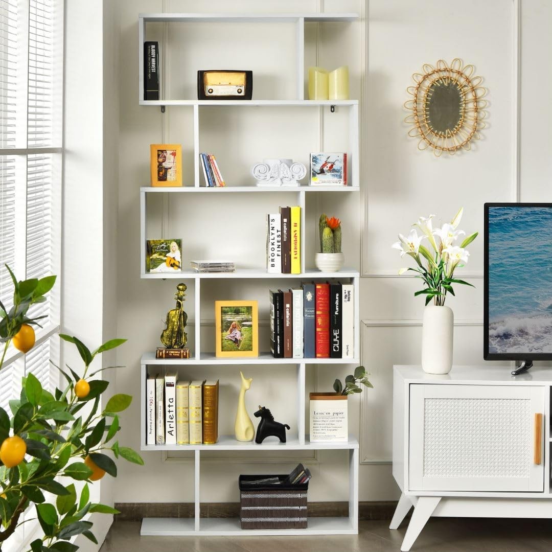 S-Shaped 6-Tier White Bookcase Modern Freestanding Storage Shelf Unit