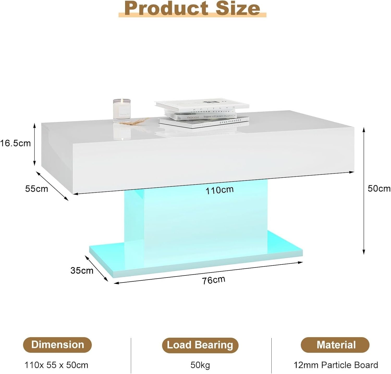 Modern White LED Coffee Table, High Gloss Rectangular 110x55cm