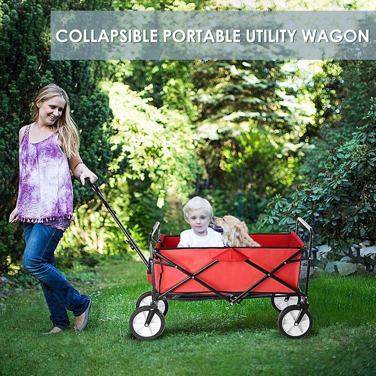 Red Folding Camping Wagon Heavy Duty Collapsible Garden Beach Cart w/ Side
