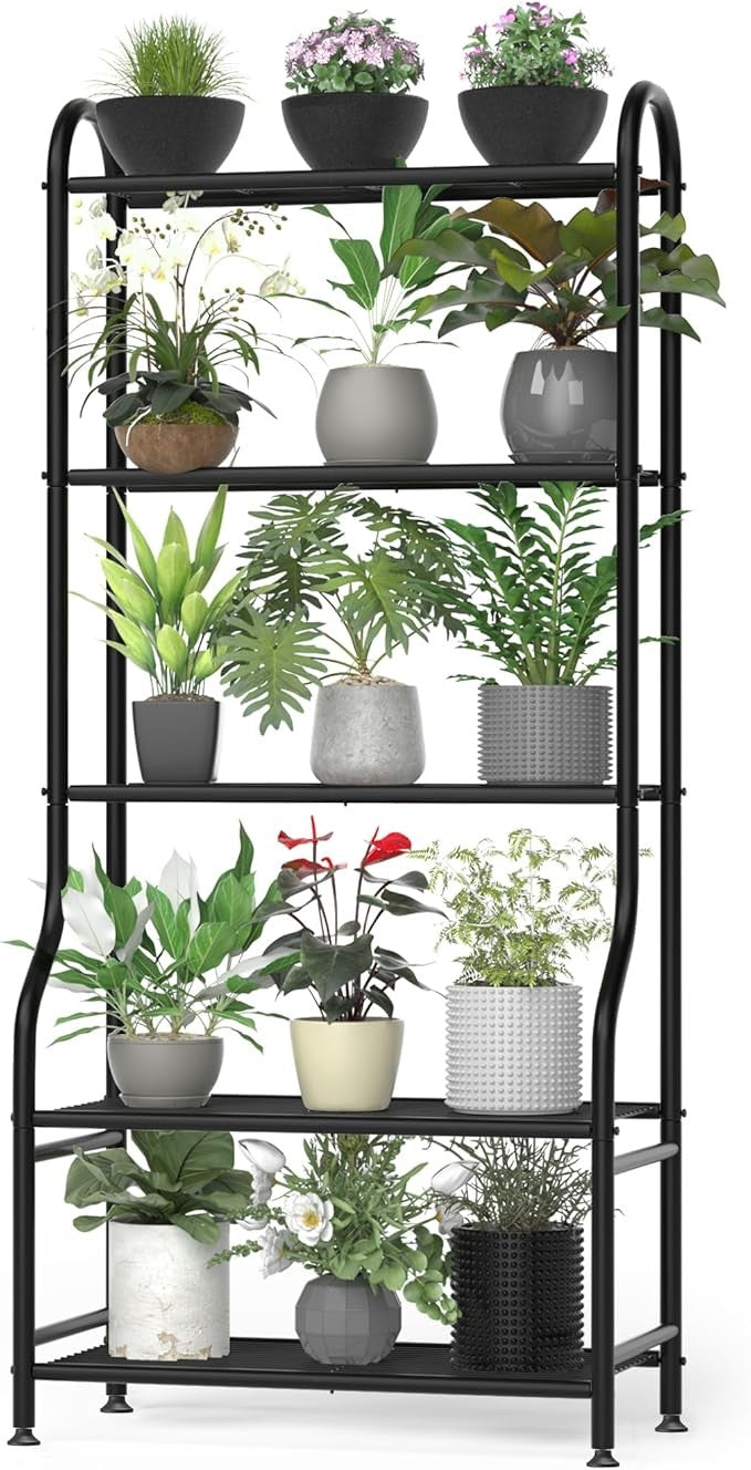 5 Tier Metal Plant Stand Indoor Outdoor Waterproof Tall Flower Shelf Black