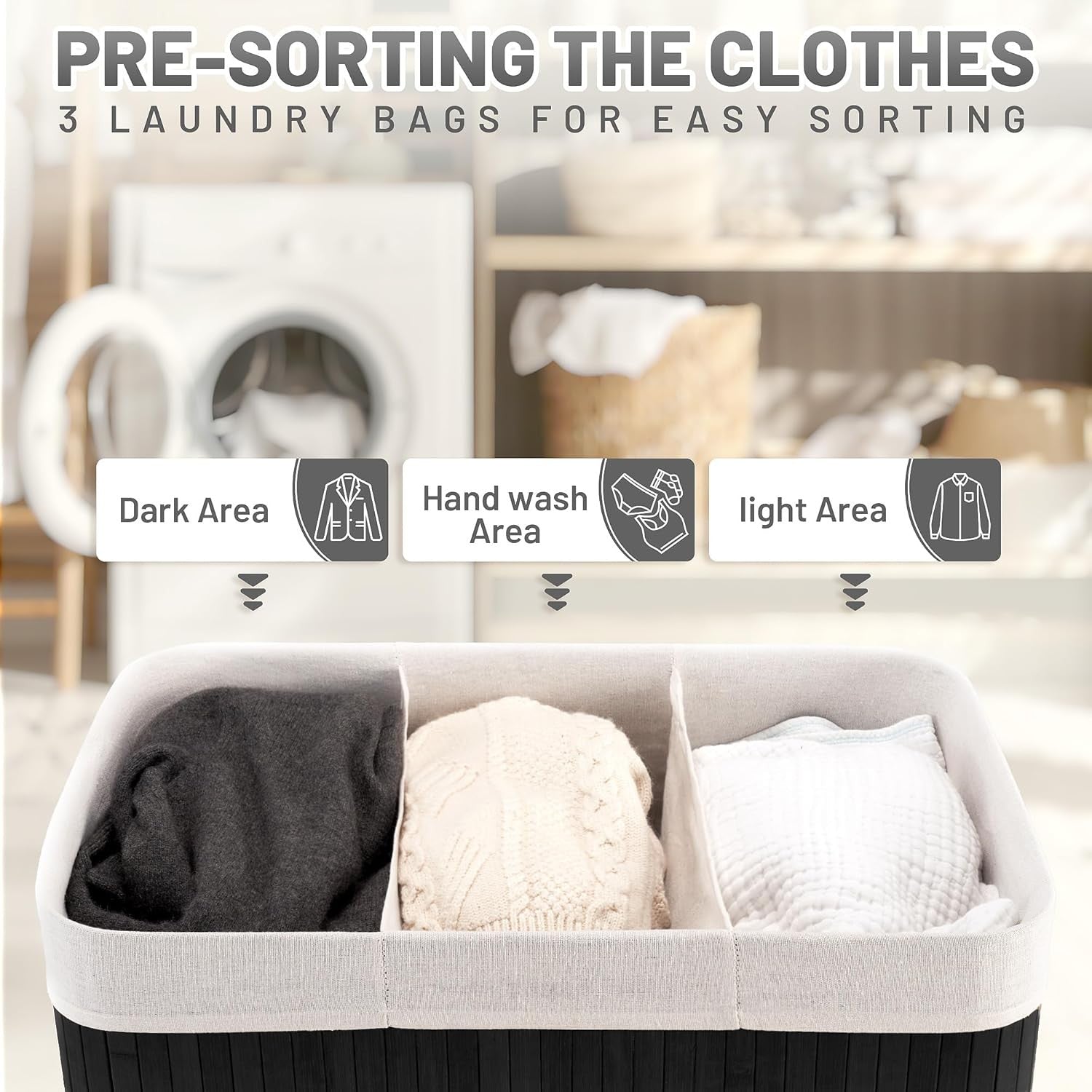 150L Bamboo Laundry Hamper with Lid 3-Section Foldable Clothes Basket Black