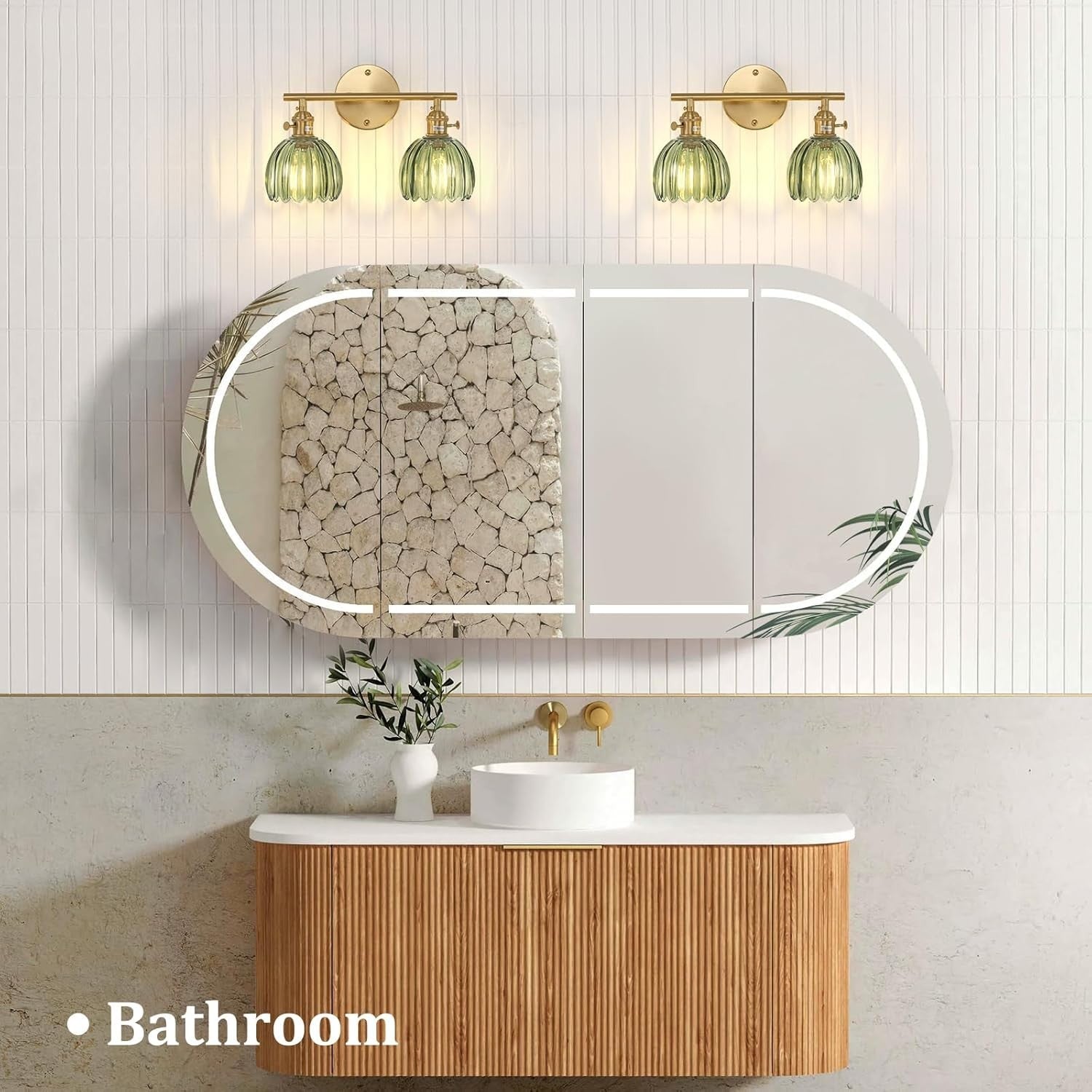 2-Light Green Glass Wall Sconce Vanity Light Brass Fixture for Bathroom