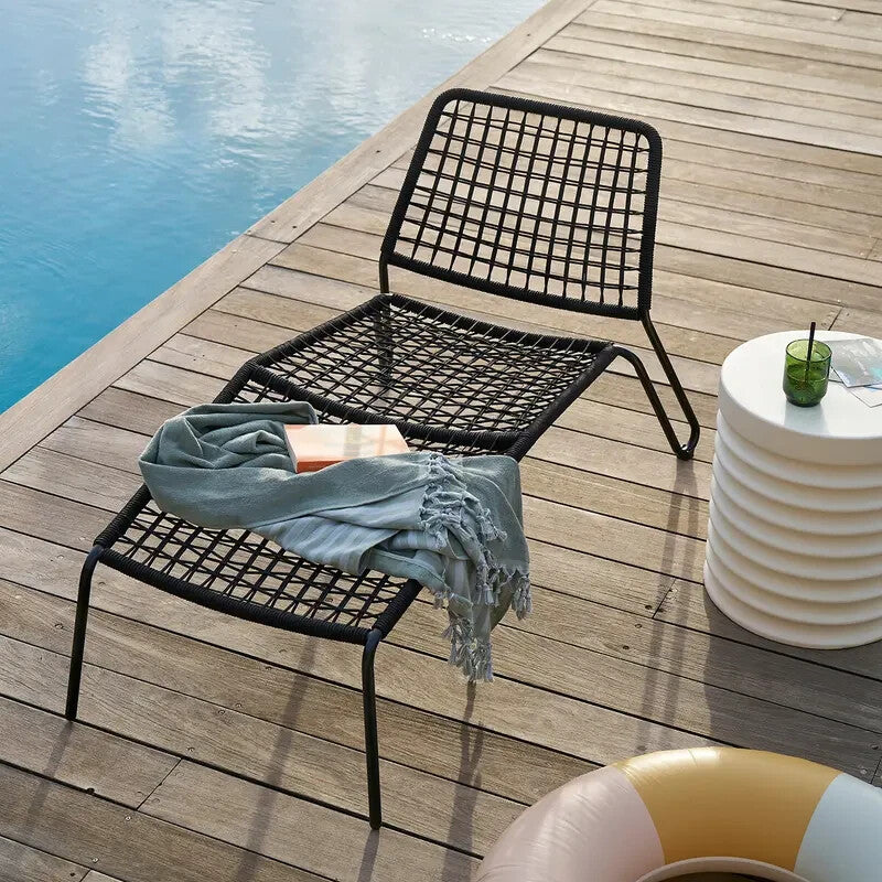 Outdoor Metal Lounger Chair 139cm Black Rope Frame Patio Garden Seat