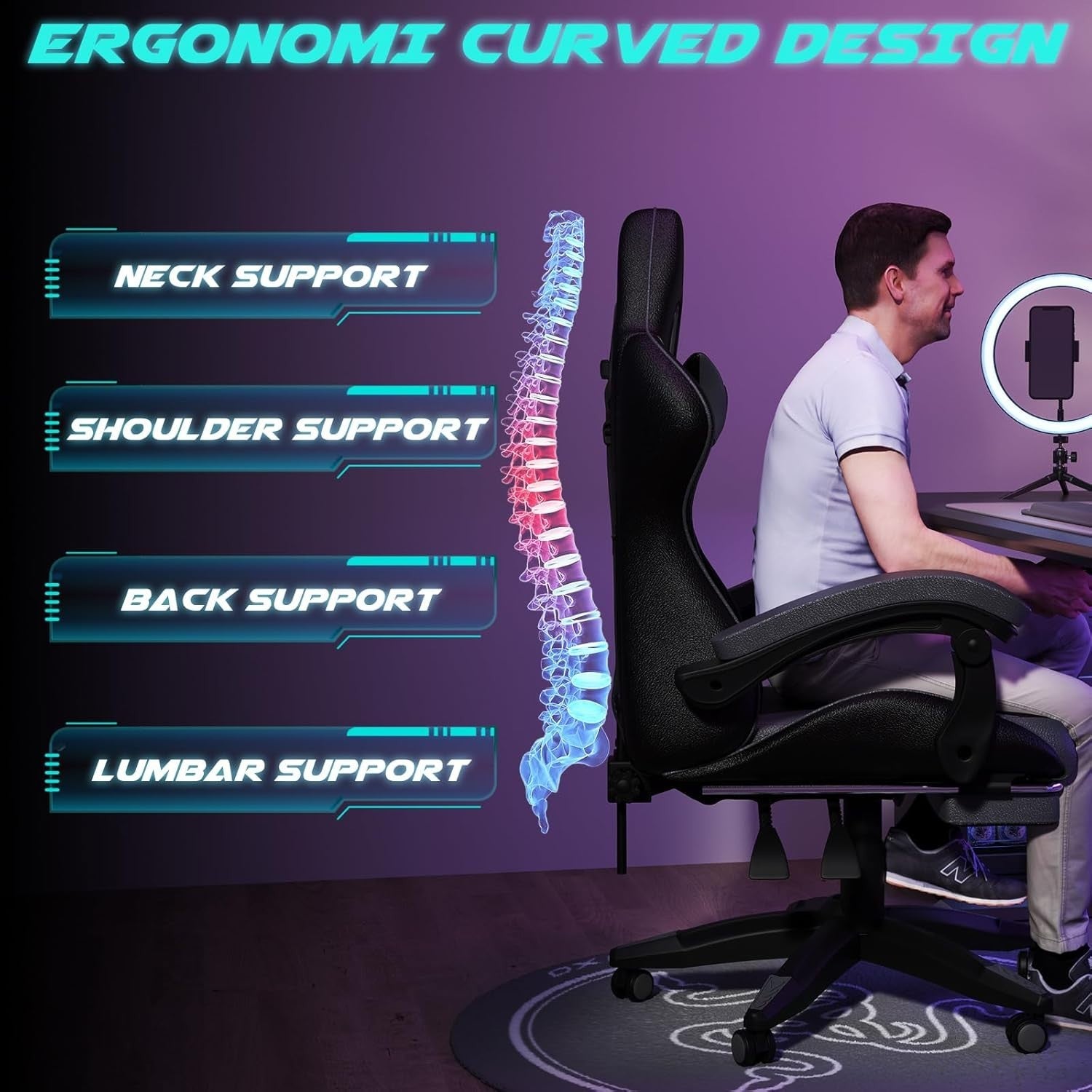 Gaming Chair PC Racing Seat LED Lights Faux Leather Recliner Ergonomic Grey