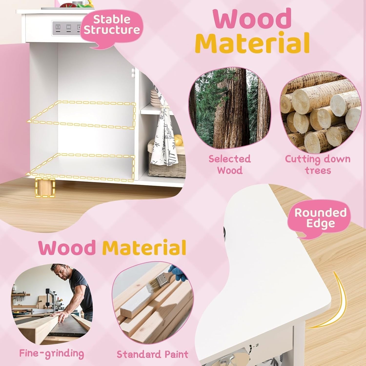 Kids Wooden Play Kitchen w/ Real Sound Stove Pink Toy Set