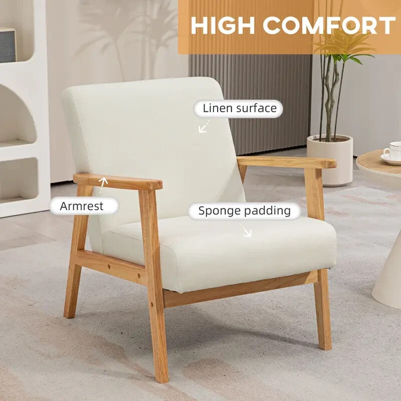 Cream Linen Accent Armchair with Wooden Frame for Living Room or Office