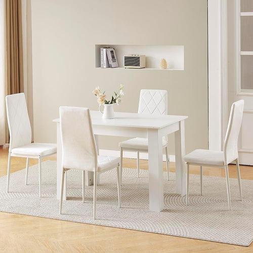 Modern 5-Piece Dining Set White Table White Velvet Chairs Compact Kitchen