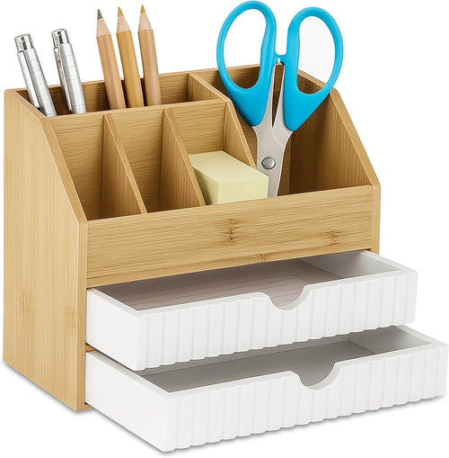 Desk Organiser with Drawers & Compartments – Bamboo Storage Box 19x24x14cm
