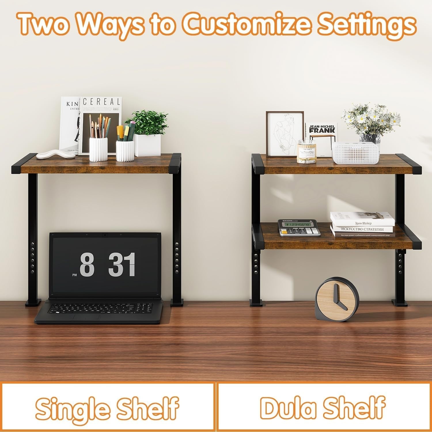 Clamp-On Desk Organizer Shelf 2-Tier Adjustable Storage Rack Rustic Brown 33cm