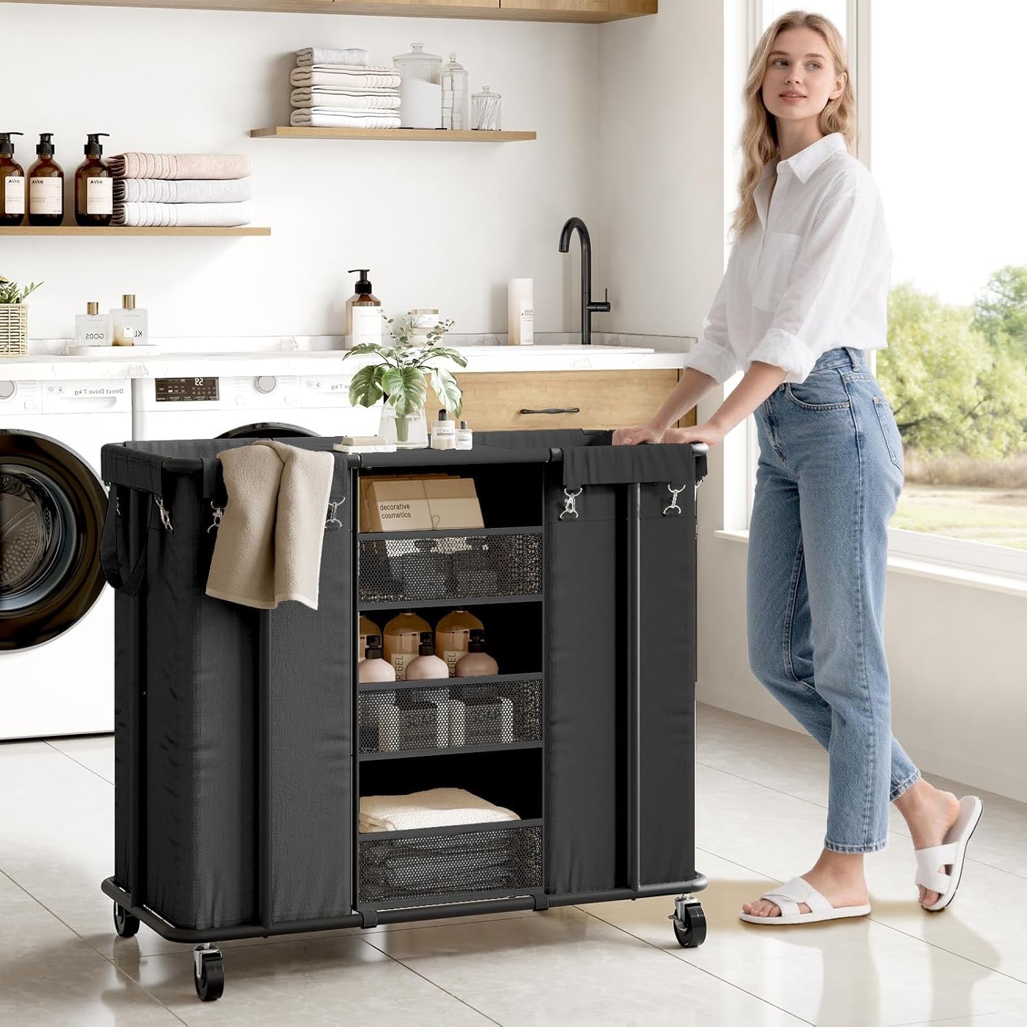 200L Rolling Laundry Sorter Cart with Shelves & Dual Hanging Bags Black