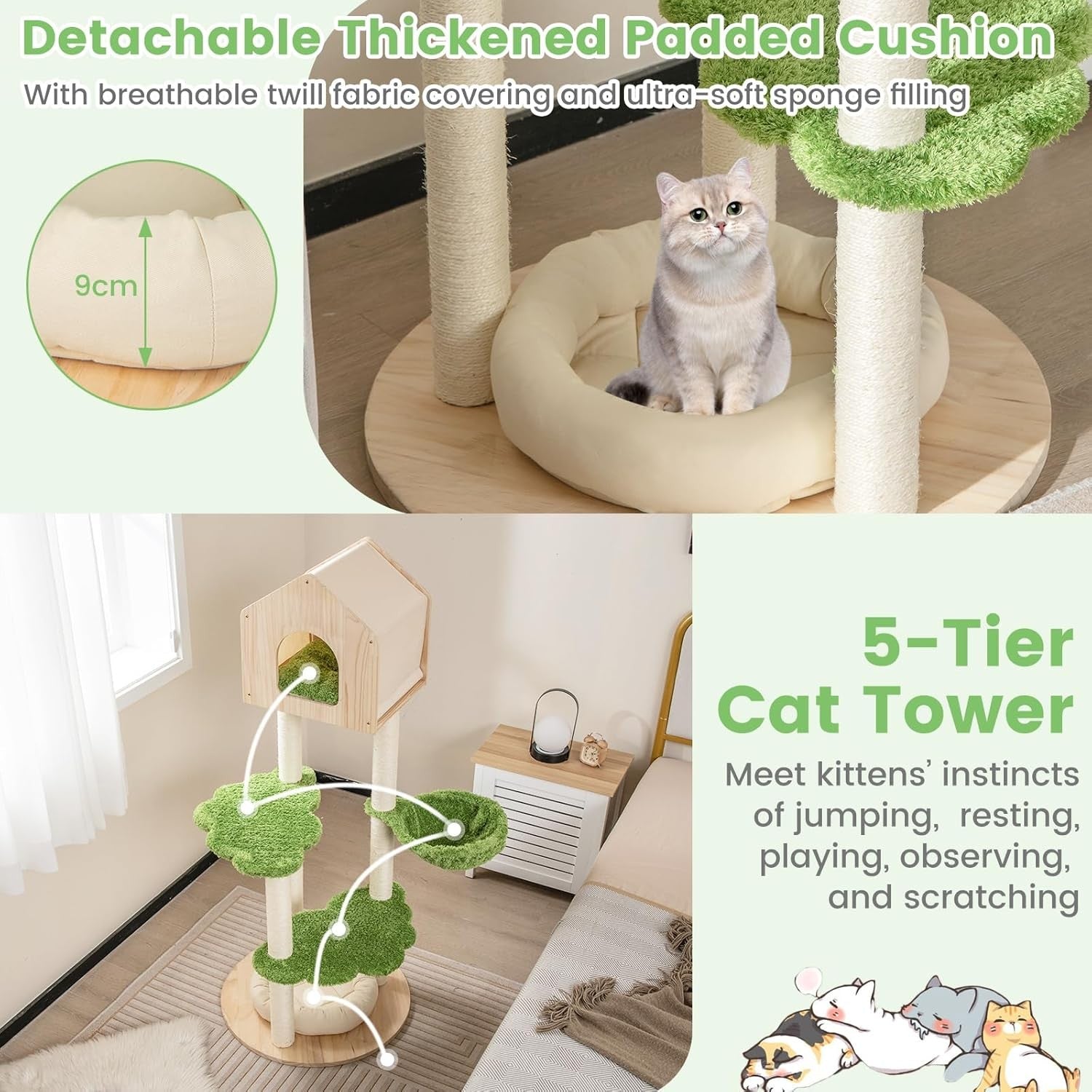 Wooden Cat Tree Kitten Tower with Condo Hammock Scratching Posts 139cm