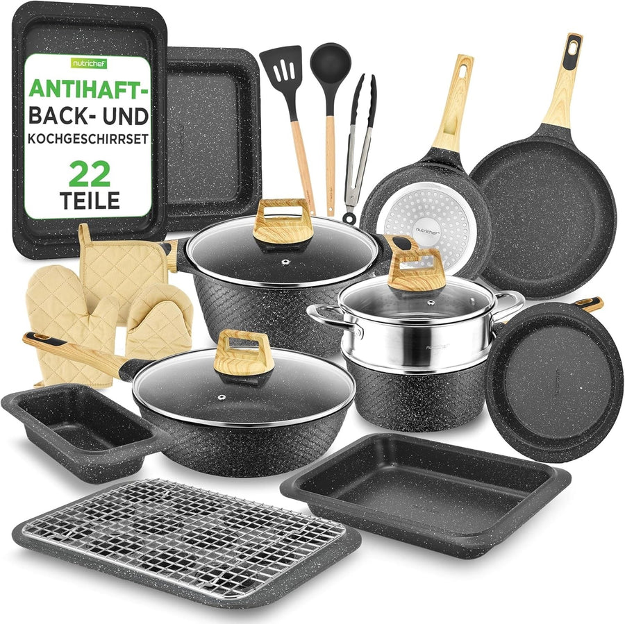 22pcs Black Marble Non Stick Cookware & Bakeware Set, PFOA-Free Marble Coating