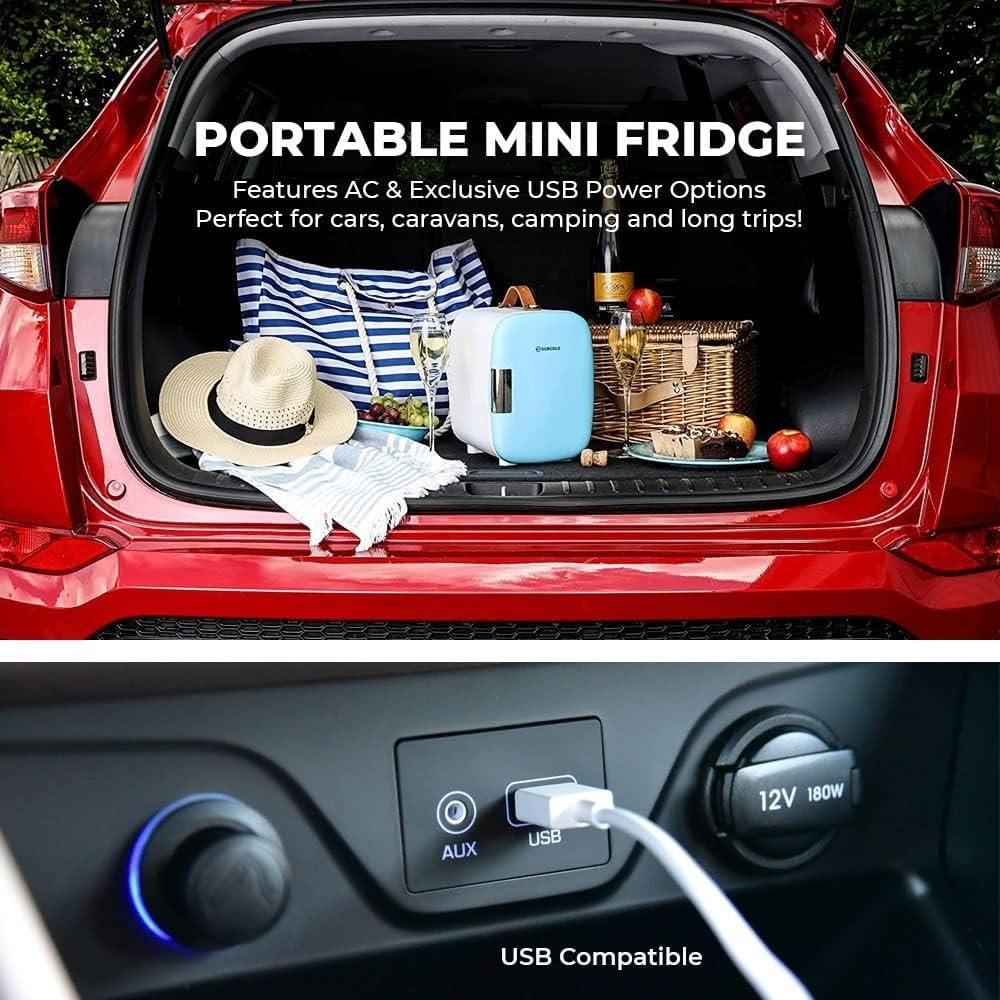 4L Mini Fridge USB & AC Powered Blue Portable Cooler Small