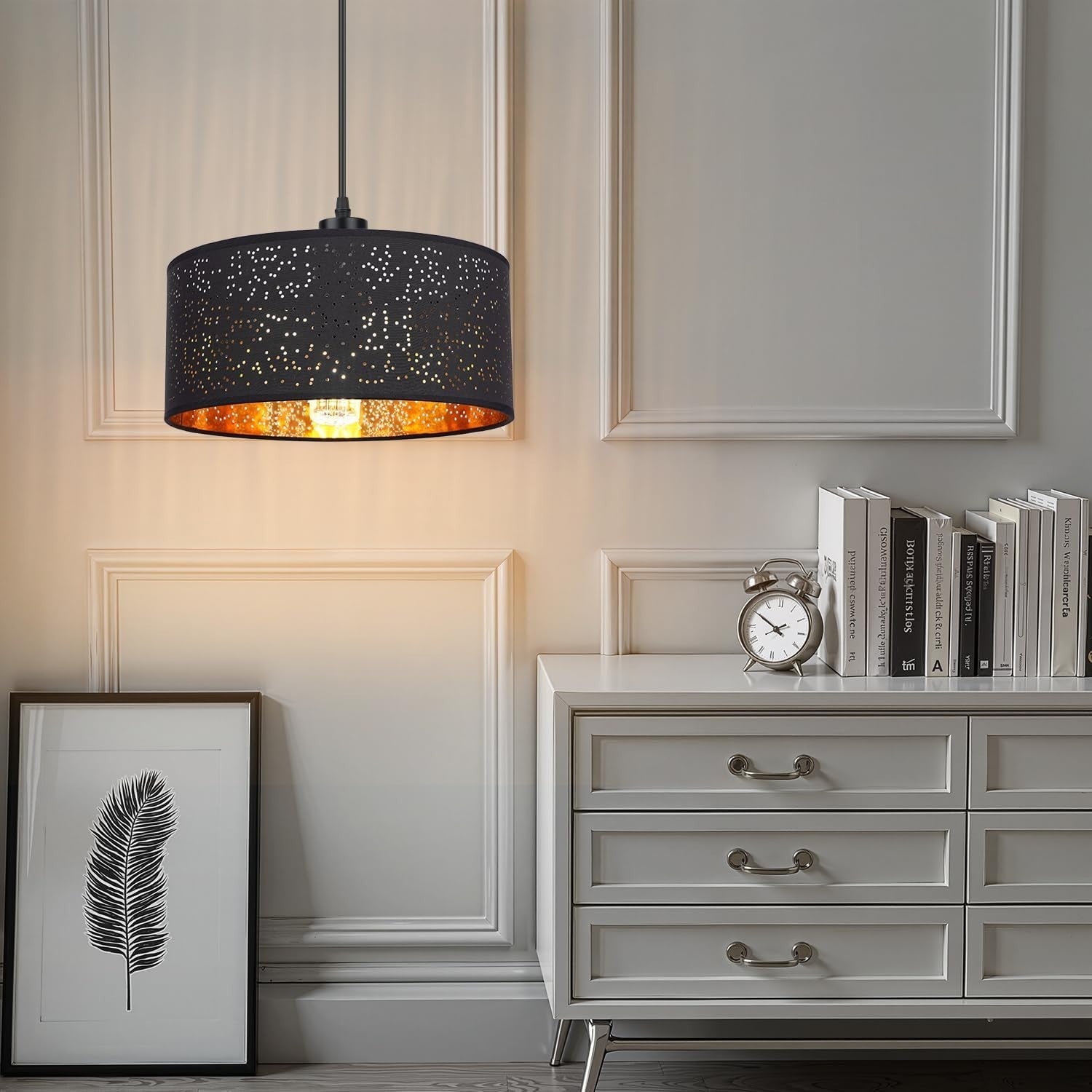 Modern Black Dot Cut Lampshade Gold Interior Ceiling Pendant Light