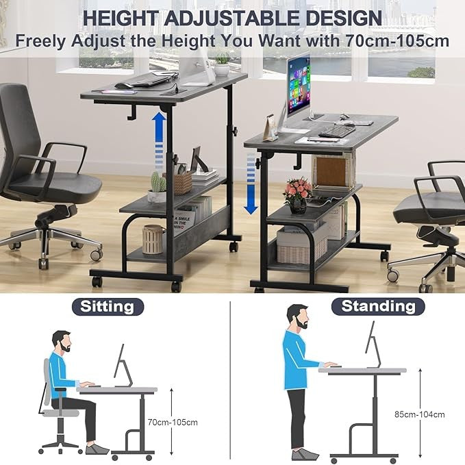 Rolling Standing Desk Adjustable Height with Power USB C-Shaped Mobile Table