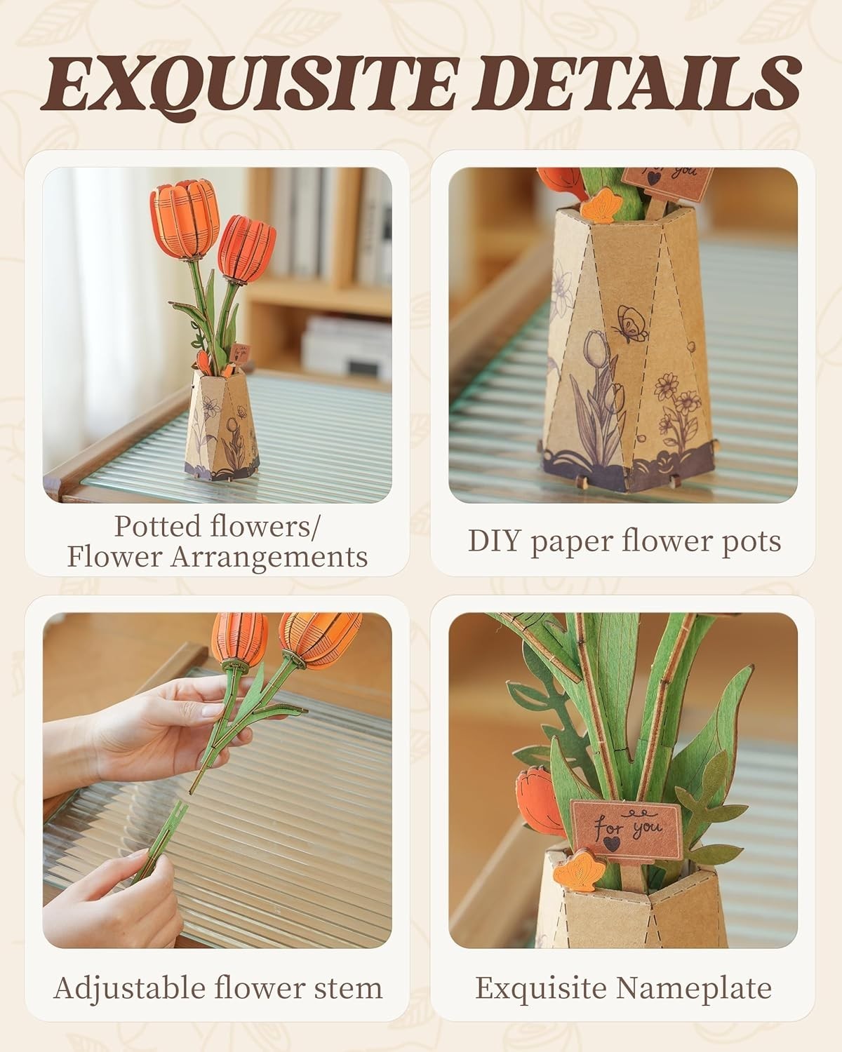 Wooden 3D Tulip Puzzle Flower Decor – DIY Gift for Women, Table Display
