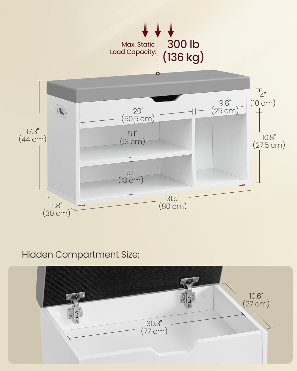 Cloud White Shoe Bench with Cushion & Storage, 3 Compartments, 80cm Wide