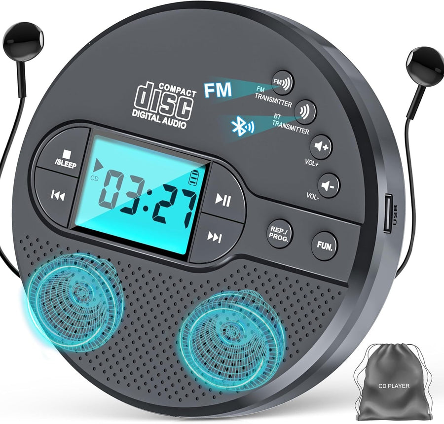 Rechargeable Discman CD Player Bluetooth FM Transmitter AUX LCD Grey
