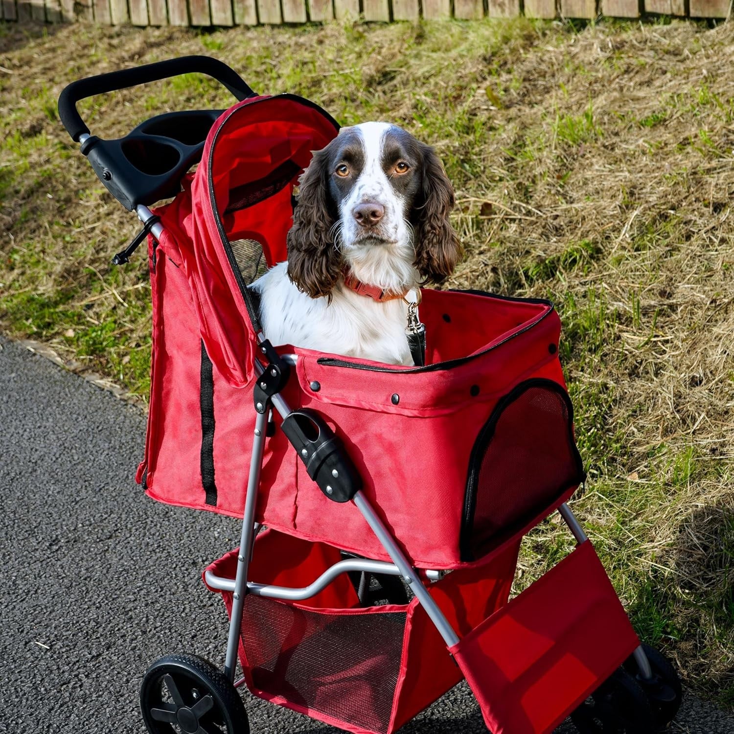 Red Pet Stroller Pushchair Foldable Dog Cat Pram 15kg with Brakes