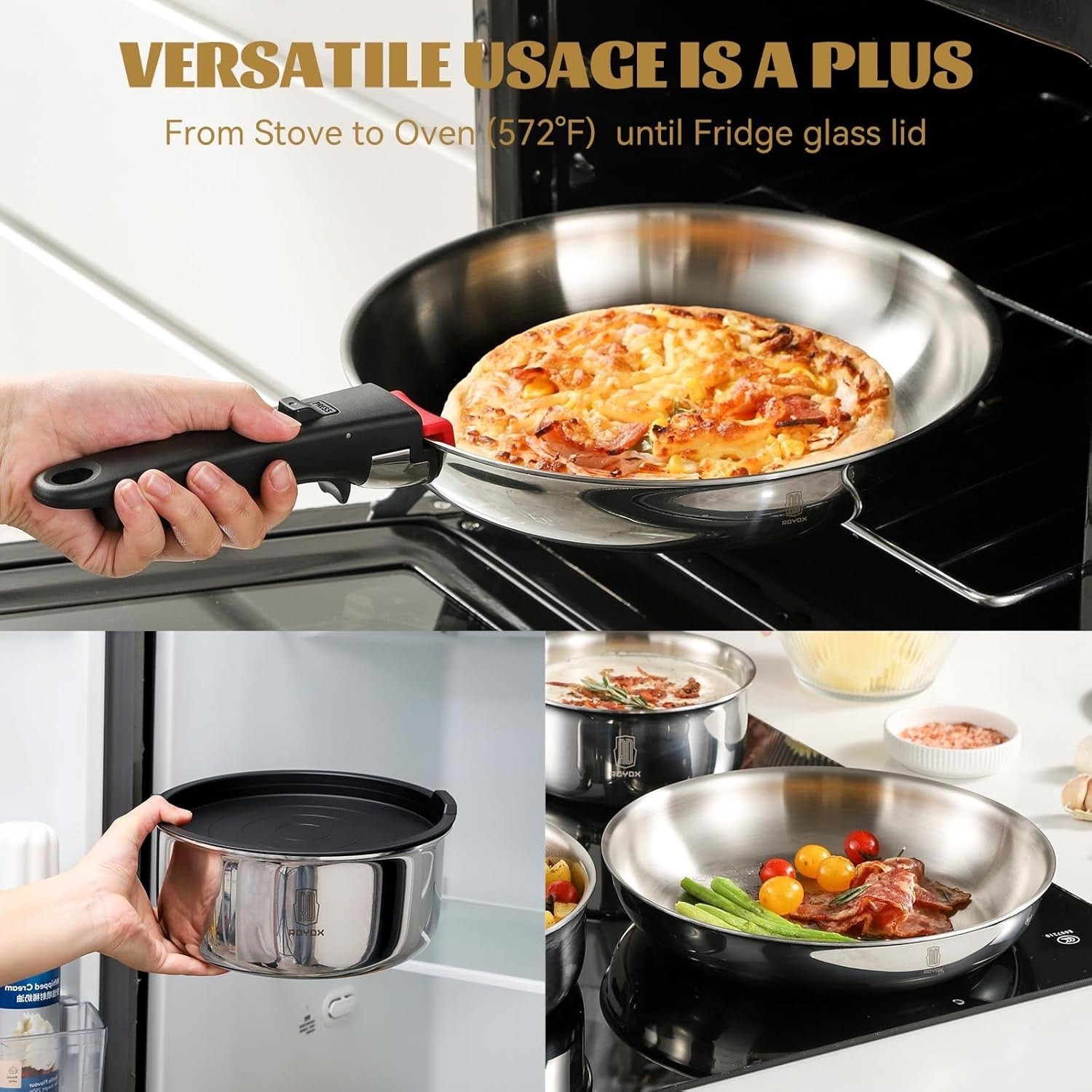 16Pcs Stainless Steel Stackable Cookware Set with Detachable Handles
