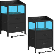 Black Bedside Table with USB Type-C Charging Ports & 2 Drawers
