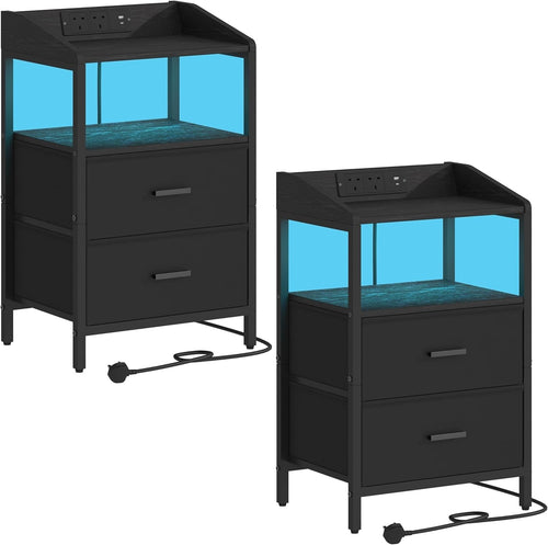 Black Bedside Table with USB Type-C Charging Ports & 2 Drawers