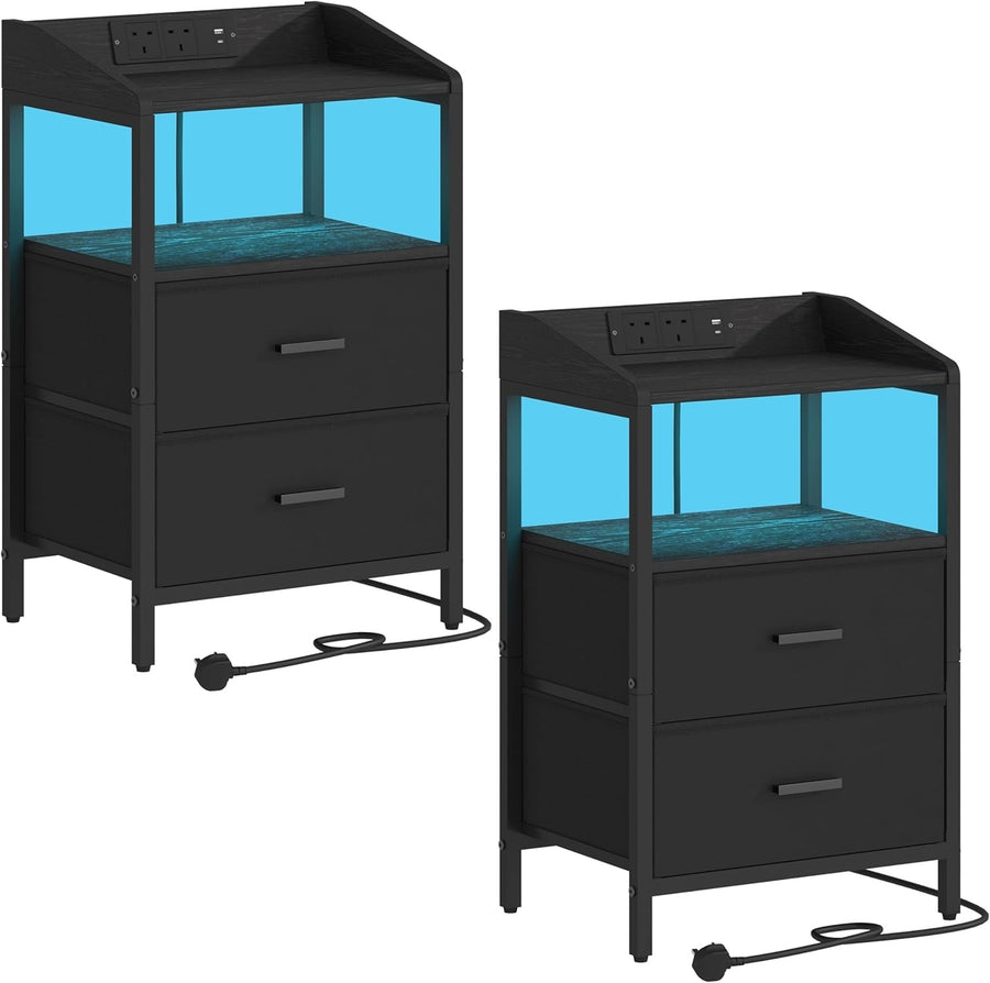 Black Bedside Table with USB Type-C Charging Ports & 2 Drawers
