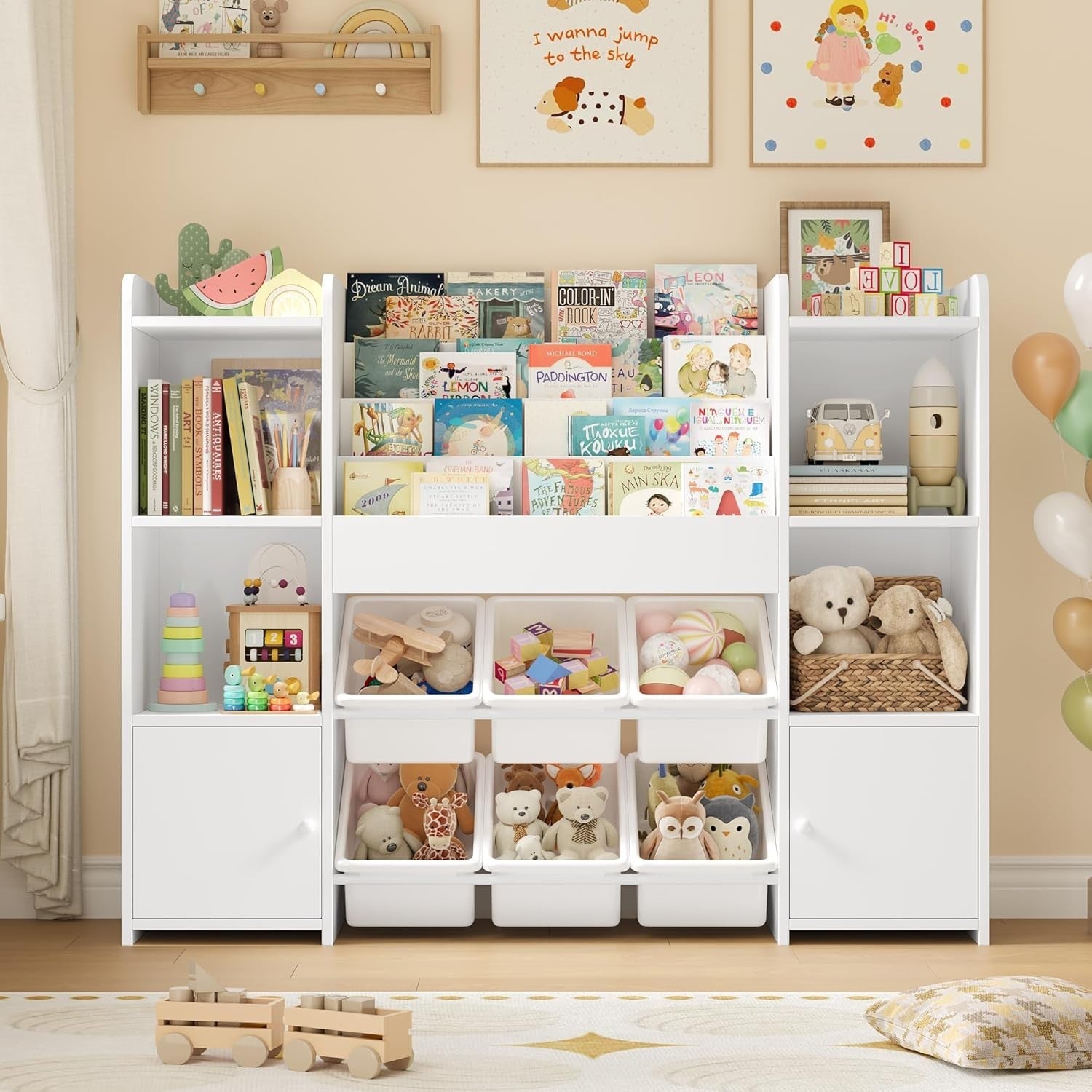 Large Kids Toy Storage Bookshelf with 6 Boxes 4 Tier Shelves for Playroom White