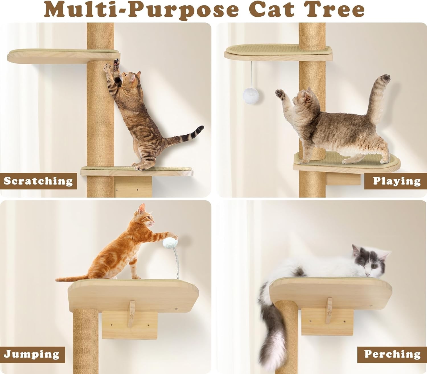 Floor to Ceiling Cat Tree 210cm 5 Tier Climbing Scratching Post Wall Mounted