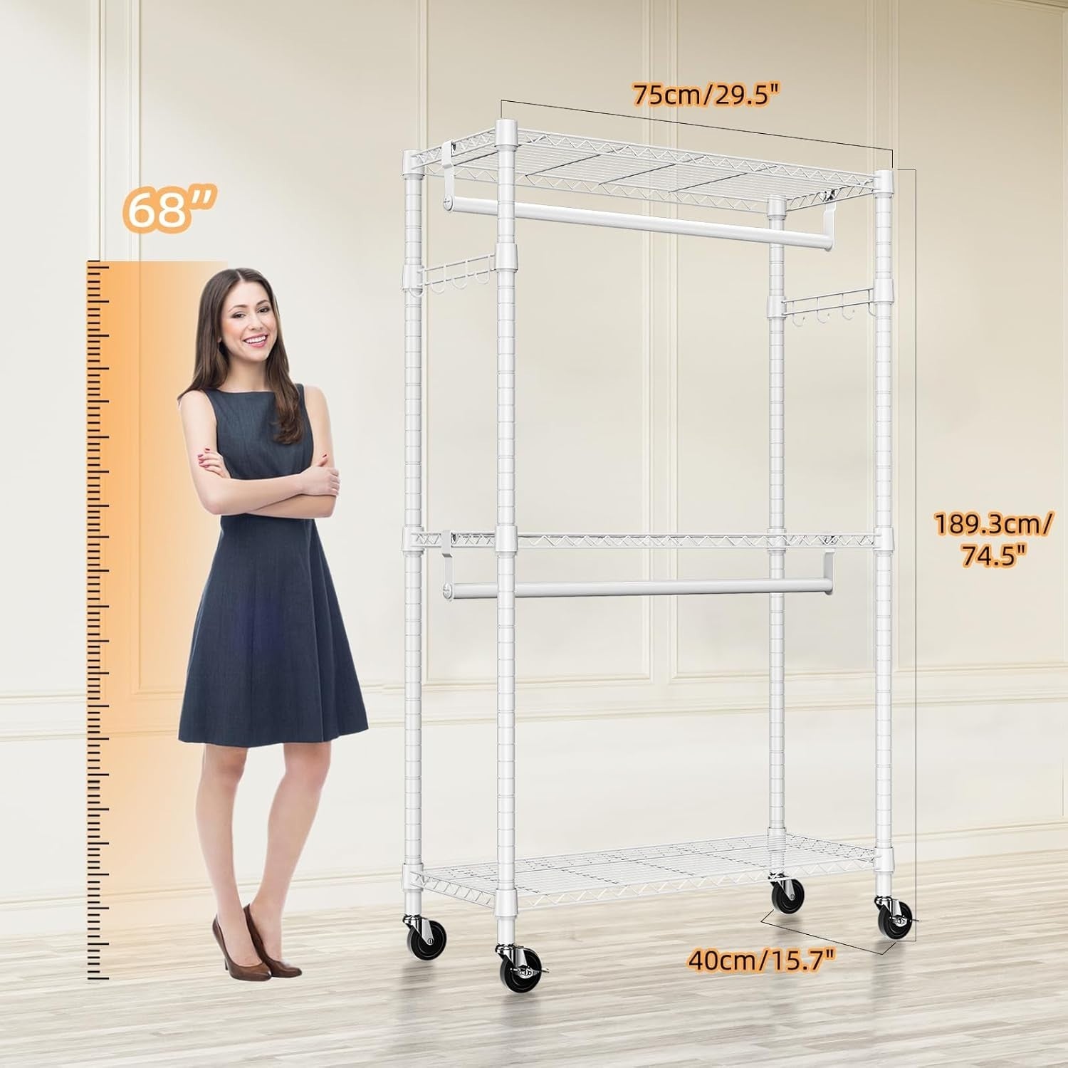 Heavy Duty White Garment Rack – 3 Tier, 2 Rods, 189cm with Wheels