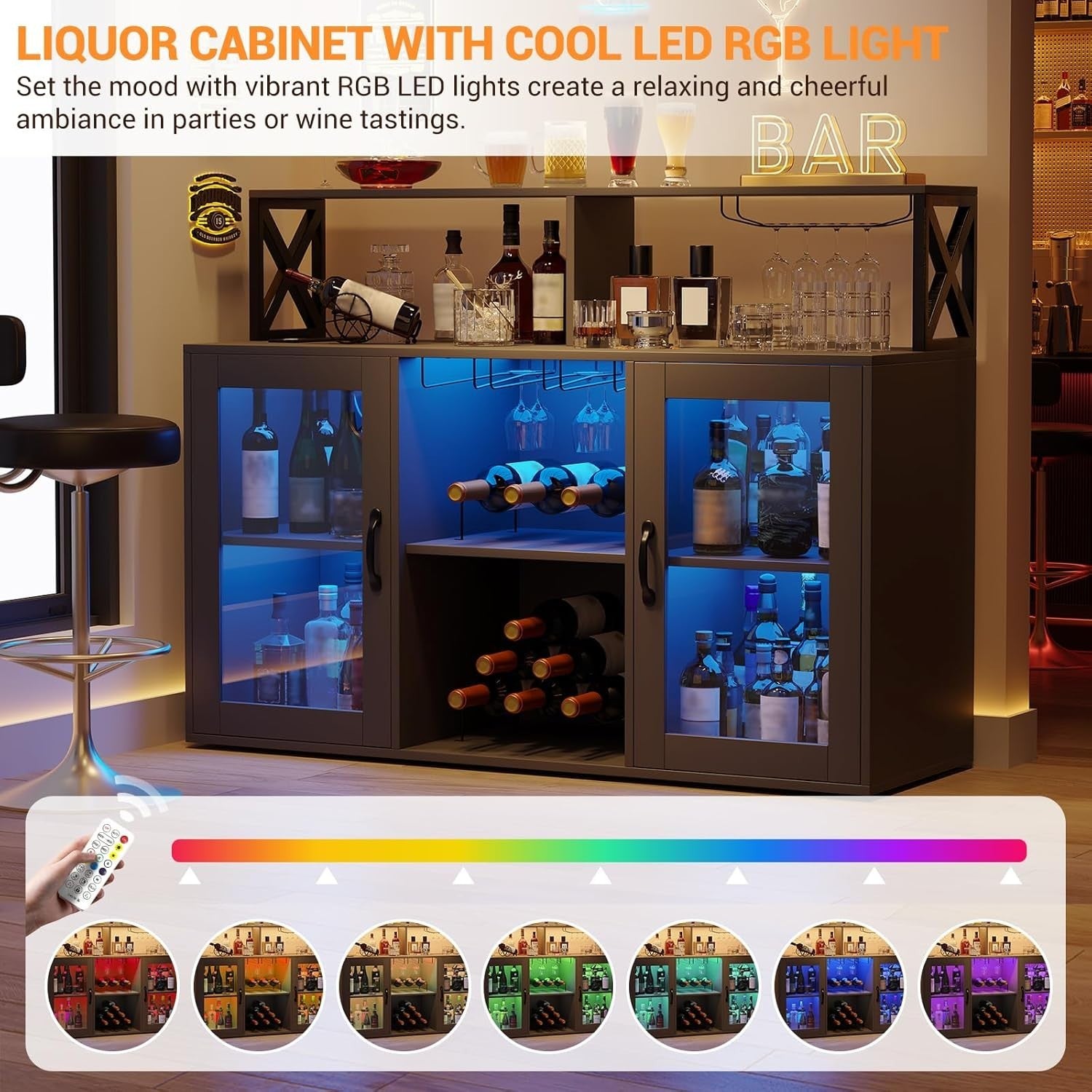 LED Bar Cabinet with USB Ports, Wine & Glass Storage, 3-Tier Buffet Sideboard