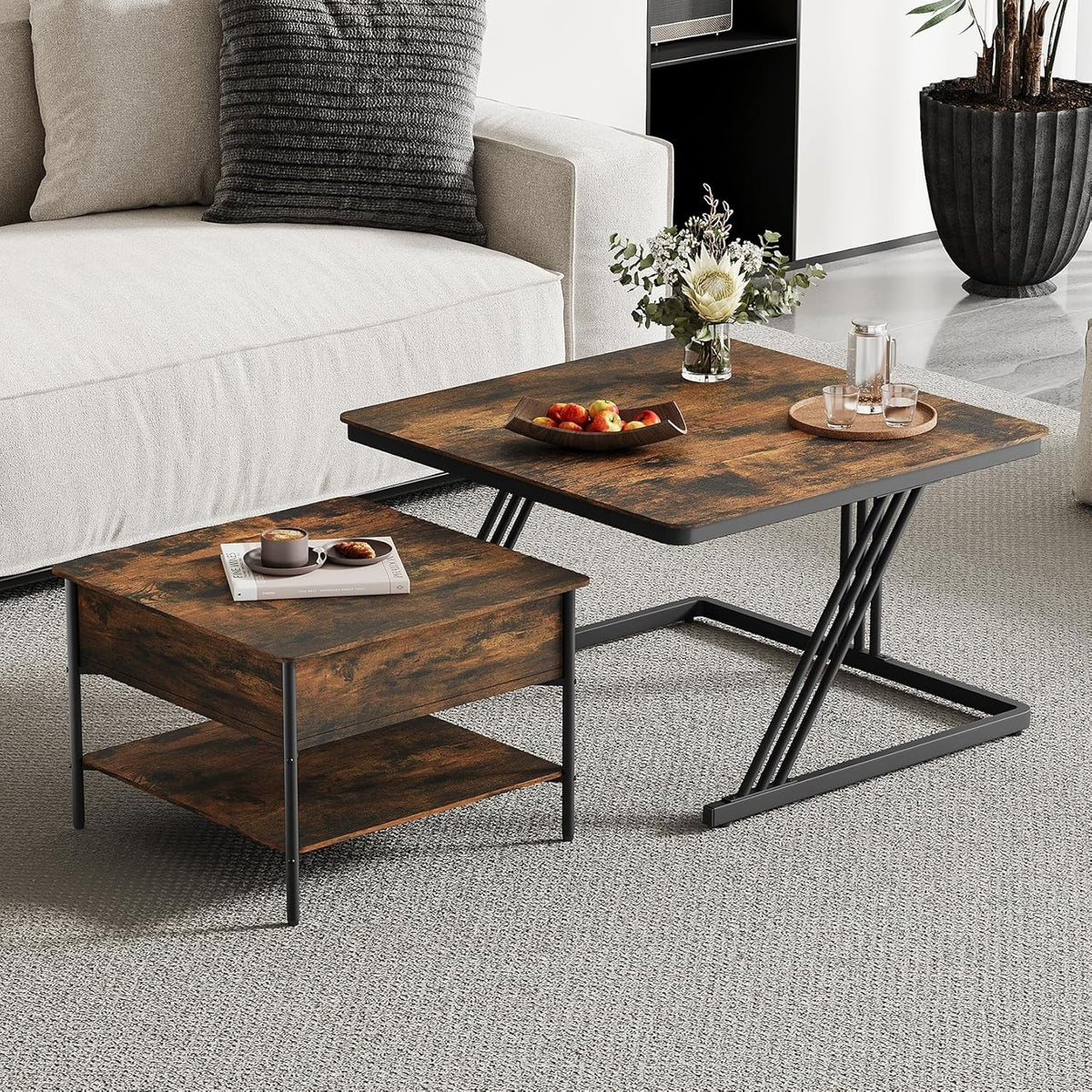 Square Nesting Coffee Table Set 2, Lift Top Storage, Walnut & Black, Space Savin