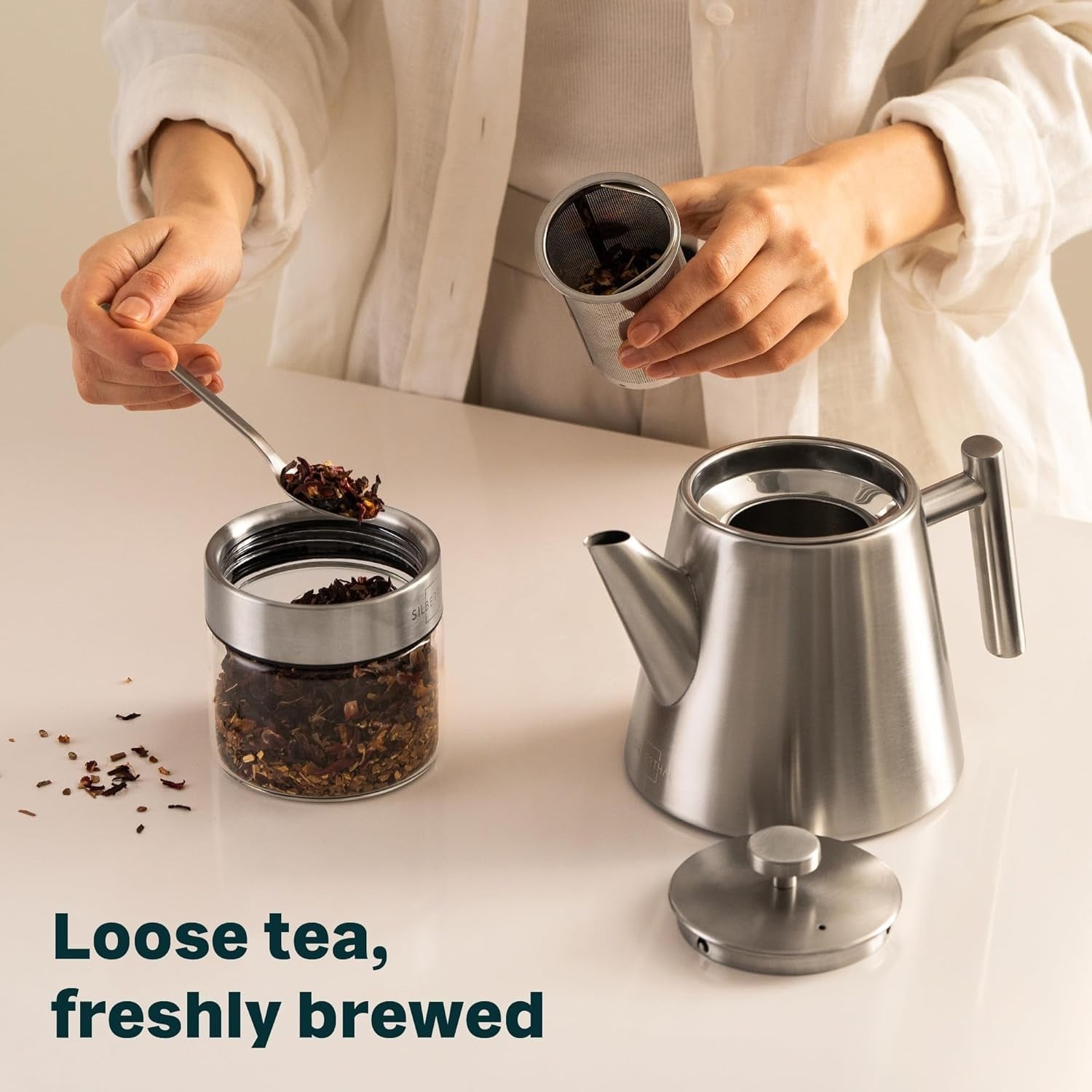 Stainless Steel Teapot 1L Double Wall Insulated w/ Tea Strainer Silver