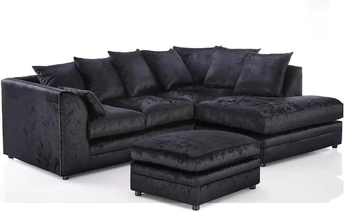 L Shaped 4 Seater Crush Velvet Sofa with Footstool - Modern Black Corner