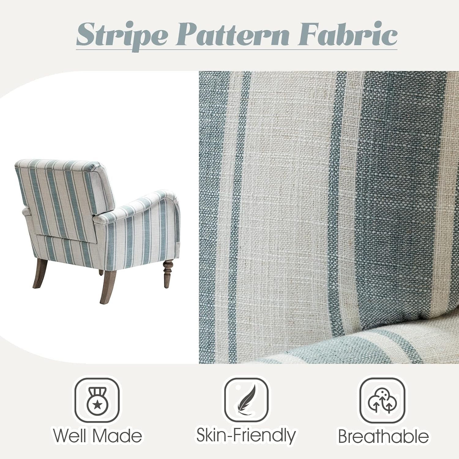 Striped Upholstered Armchair with Wooden Legs for Lounge or Bedroom Blue