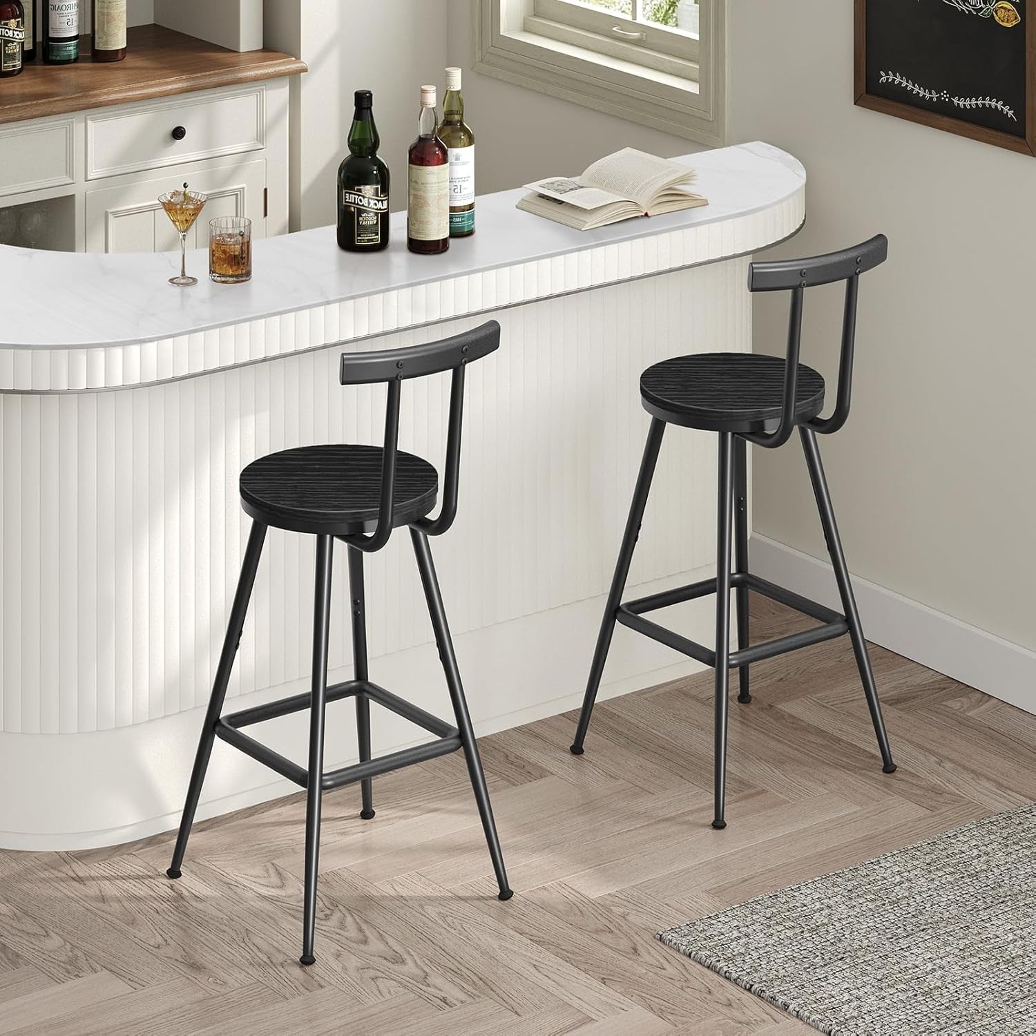 Modern Bar Stools Set of 2 with Backrest & Footrest 32x32x66cm Black