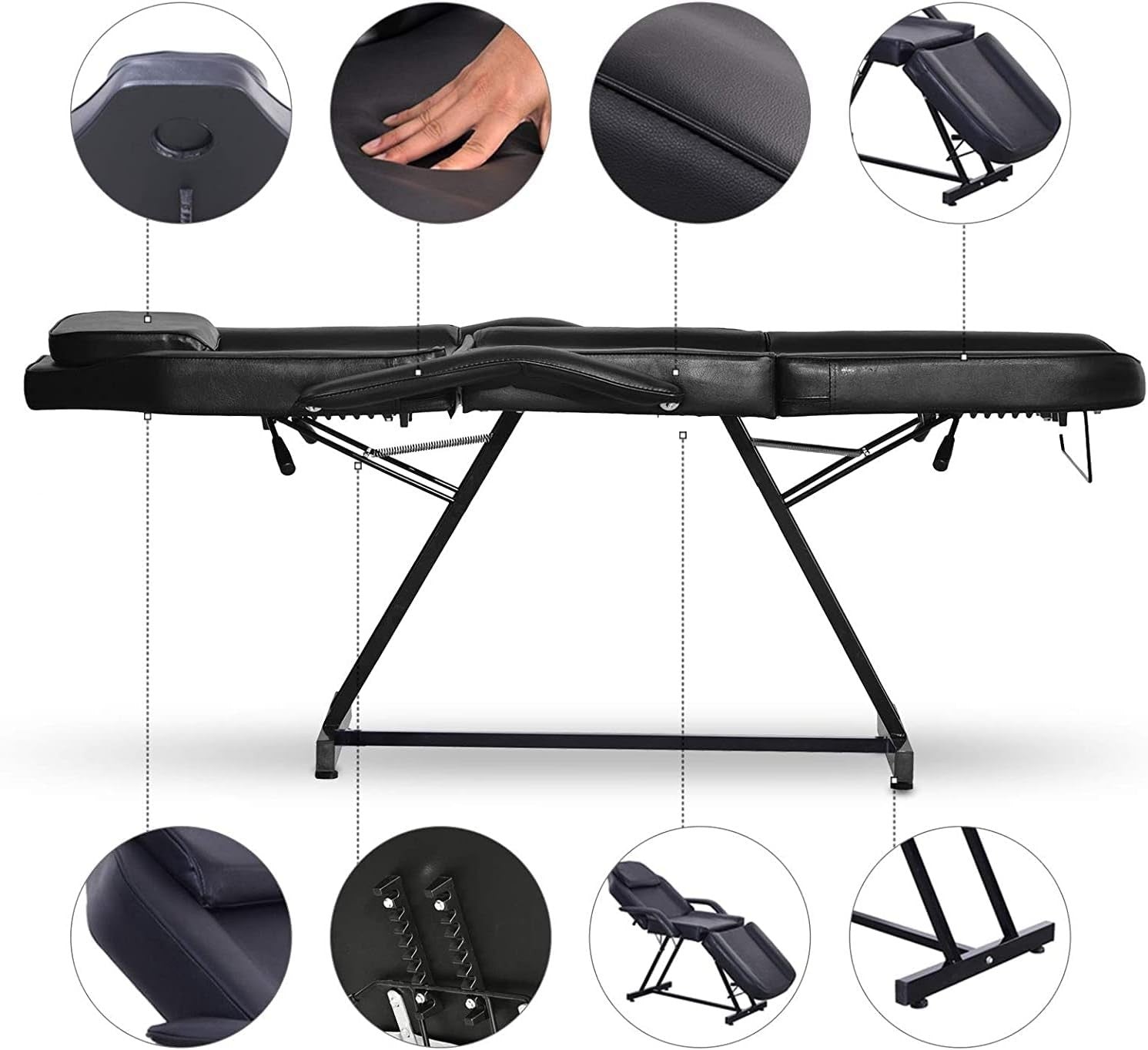 Adjustable 3-Section Beauty Massage Bed w/ Hydraulic Stool & 20 Sheets Black
