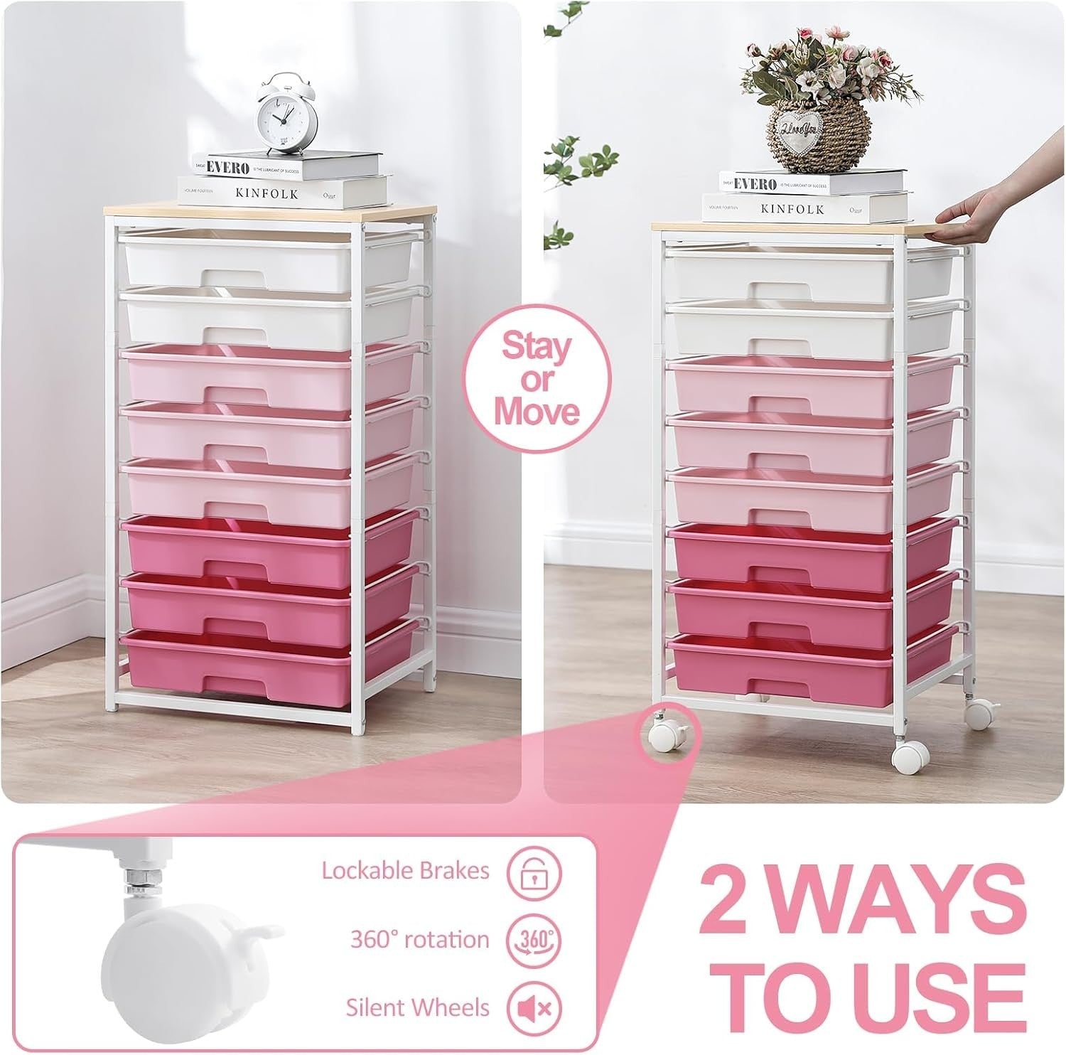 8 Drawer Rolling Storage Cart Rose Pink Utility Organizer Trolley