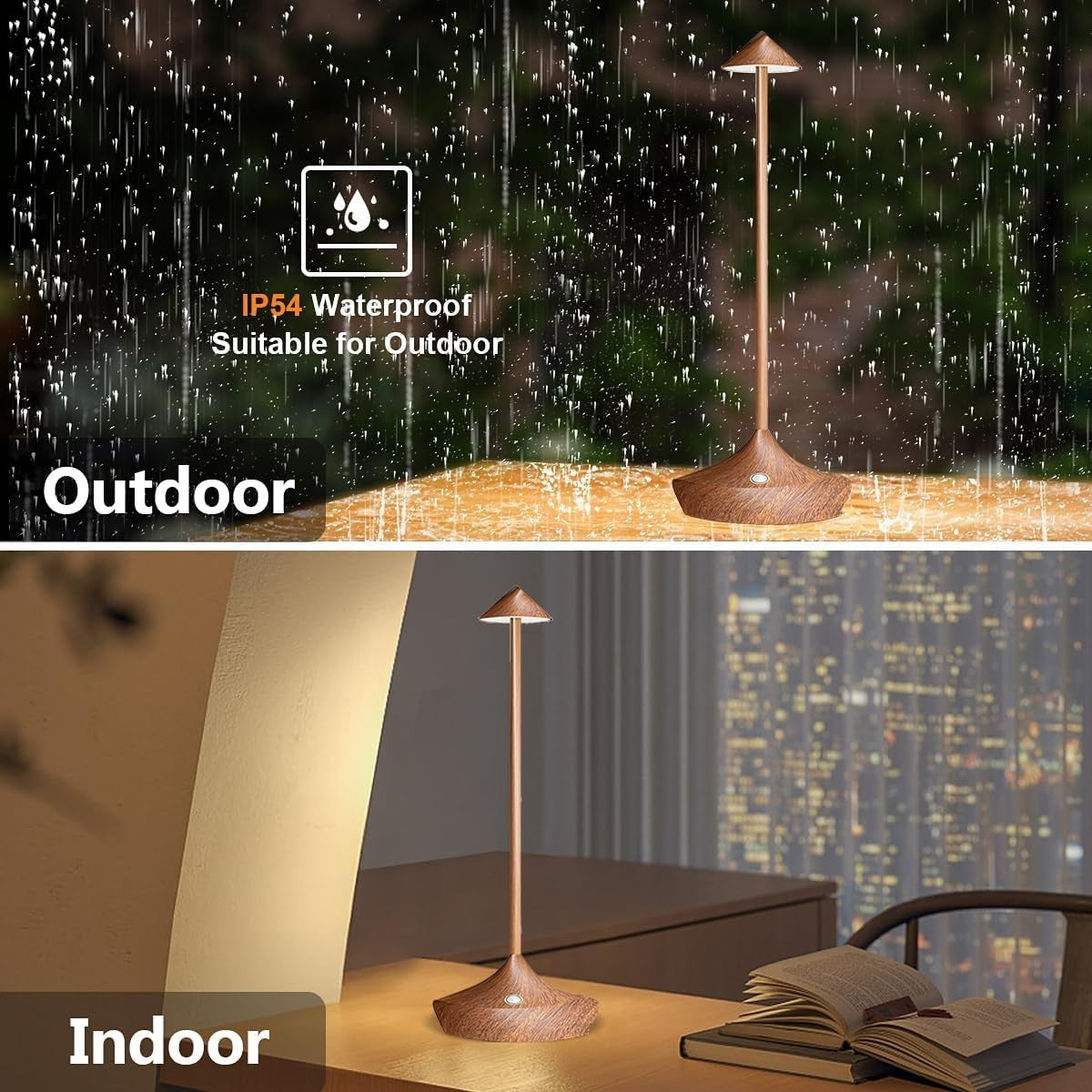 Cordless Rechargeable LED Table Lamps 2pcs Wood Finish, Dimmable & Portable