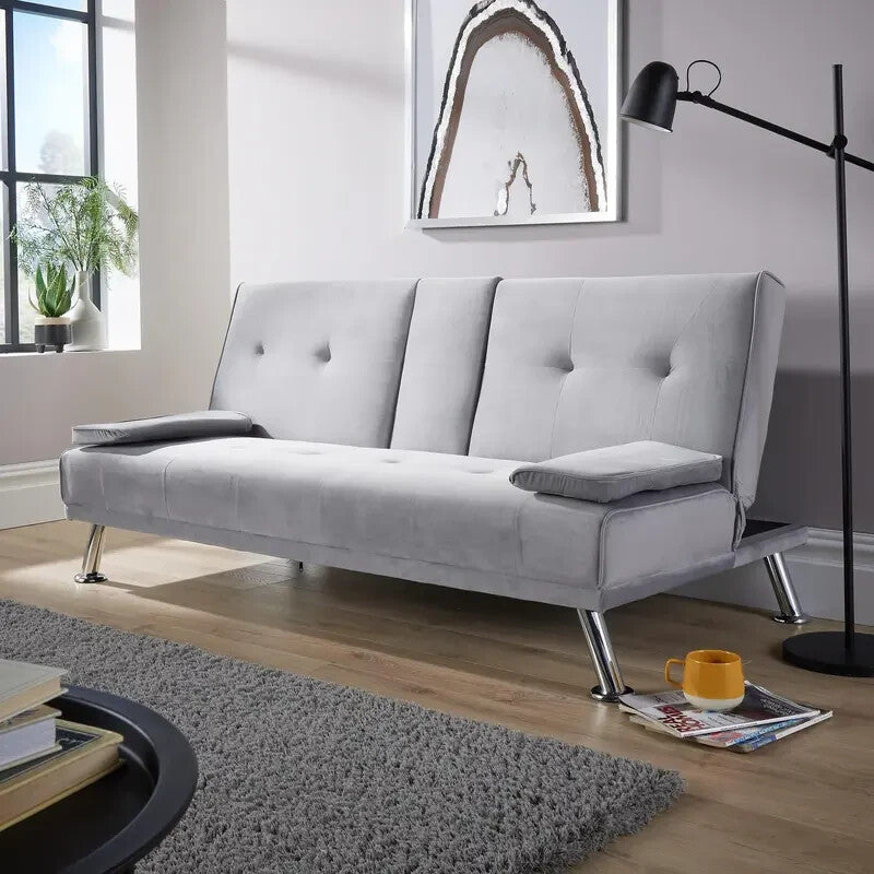 Grey Velvet Sofa Bed 3 Seater Fold Out Couch w/ Cup Holders & Armrests