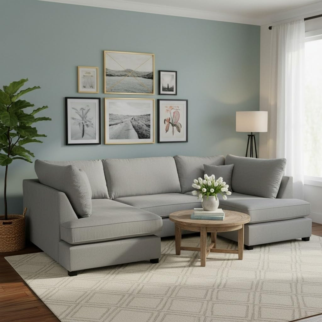 Grey U-Shaped Modular 5 Seater Sofa - Cinema Corner Settee + Footstool