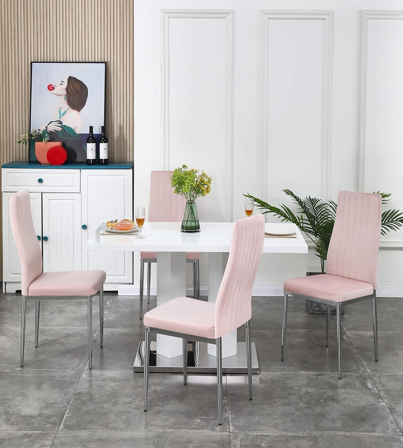 Modern 4-Seater Dining Set with White Gloss Table & Pink Velvet Chairs