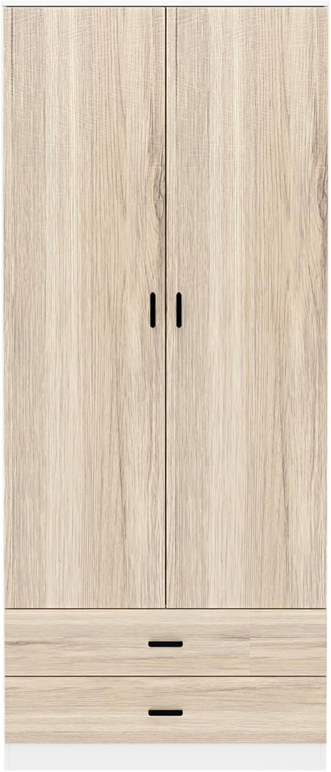2 Door Wardrobe Oak Drawers Storage Unit With Rail for Bedroom Clothes