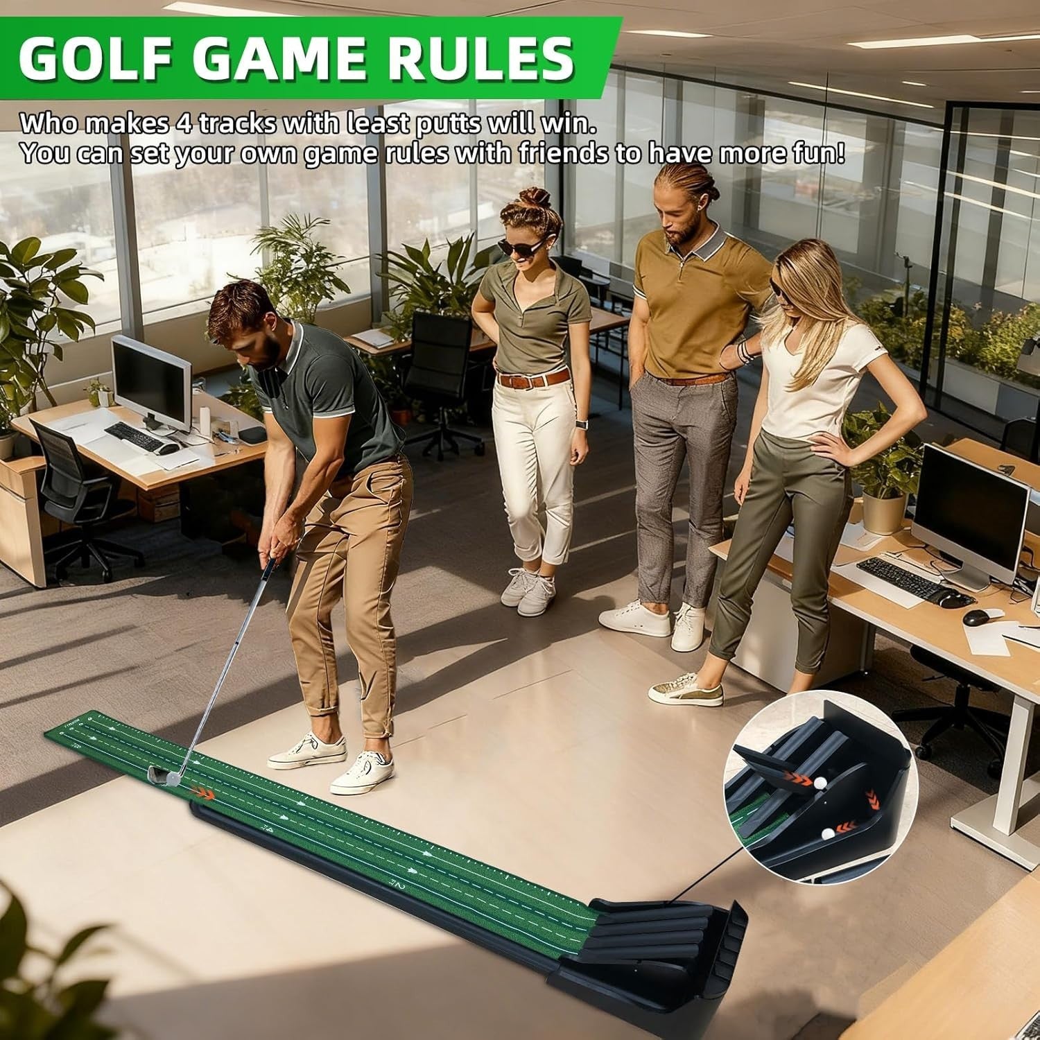 Indoor Golf Putting Mat Auto Ball Return Multi-Track Training Game