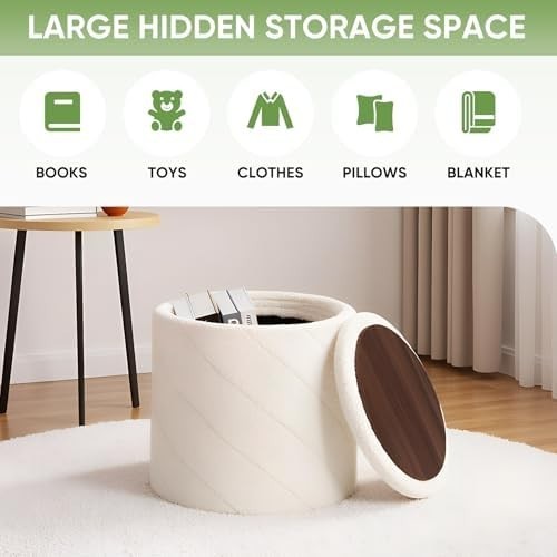 White Round Storage Ottoman Footstool 3-in-1 Seat with Lid 33x33x35cm
