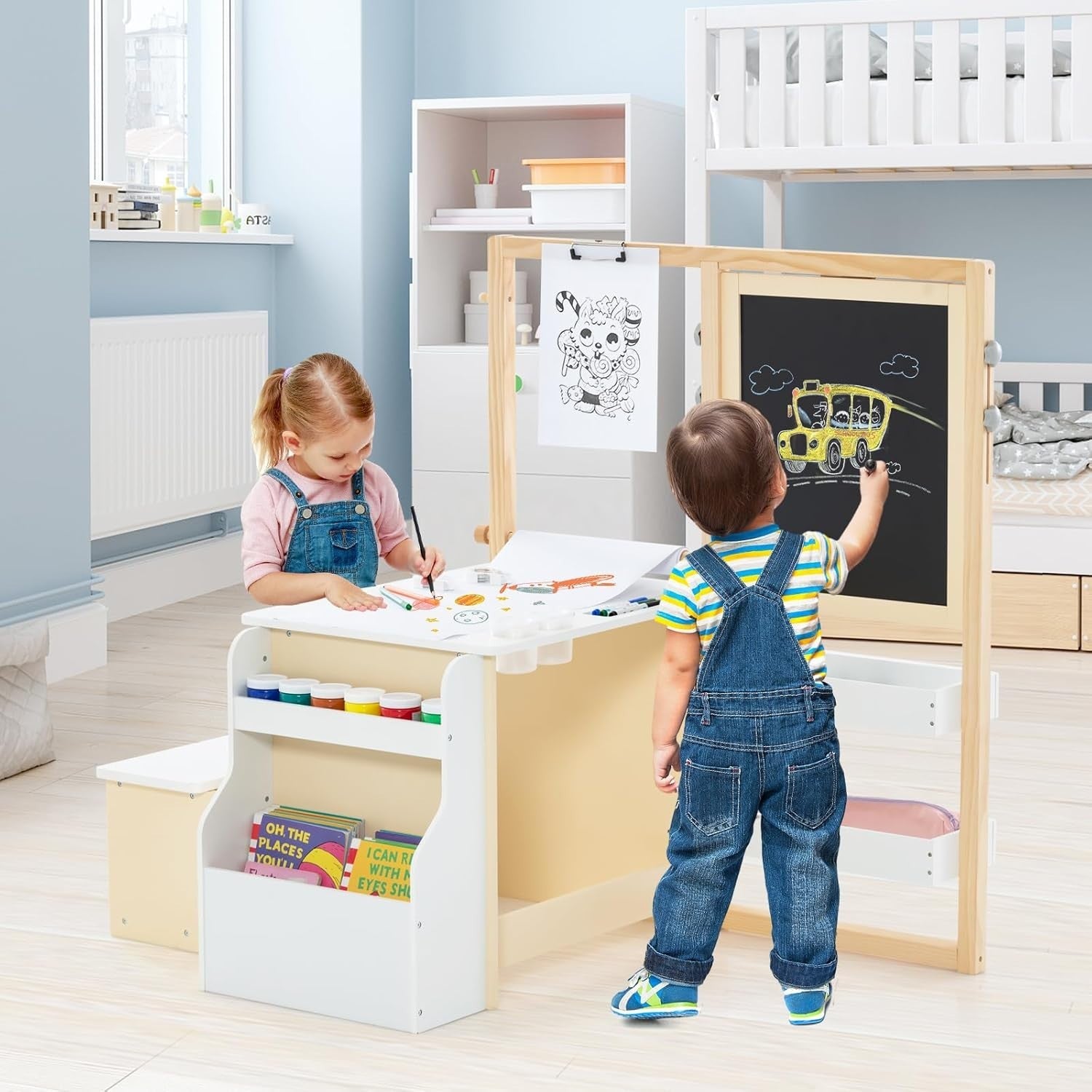Kids Art Table & Chair Set with Double-Sided Easel, Storage & Paper Roll