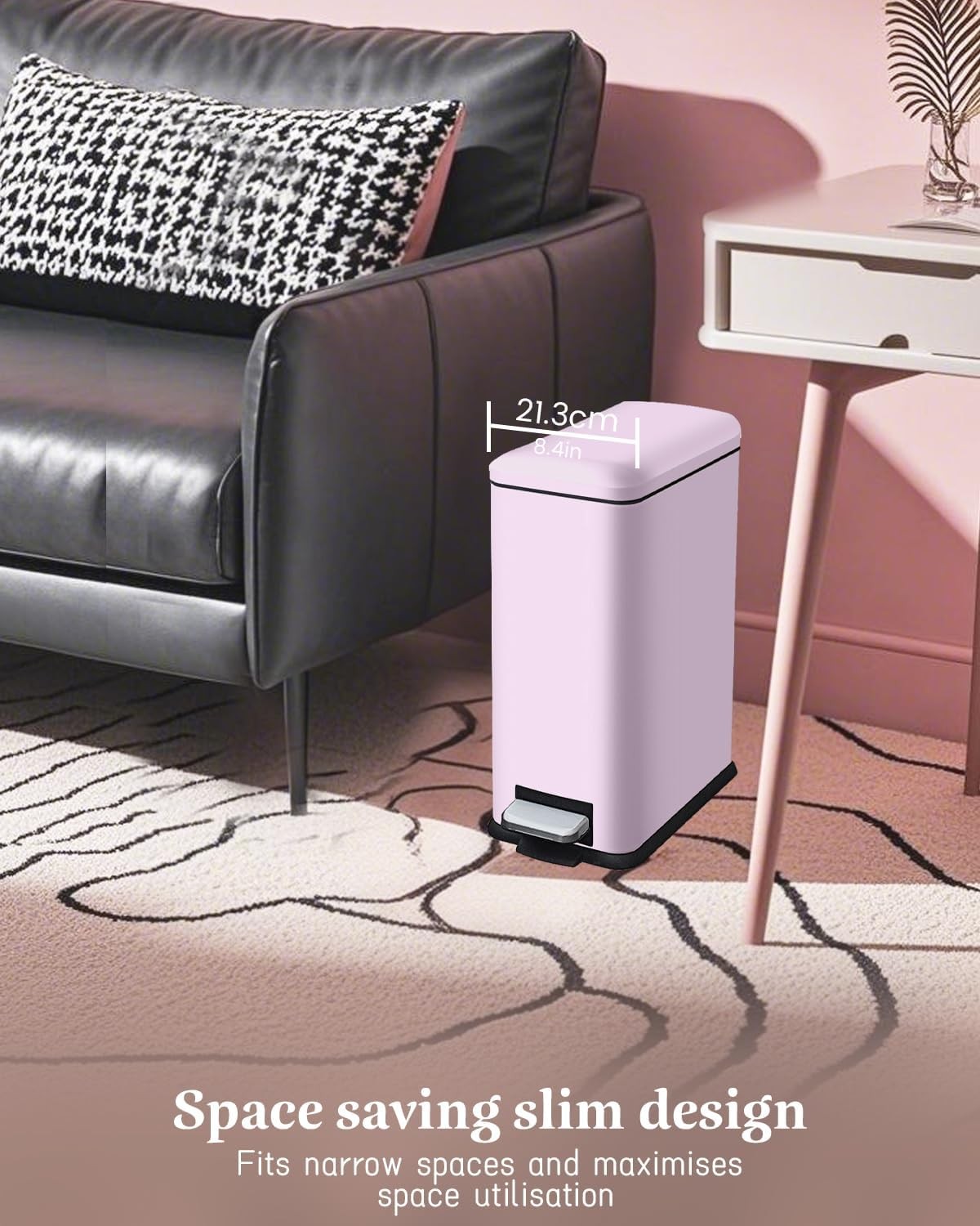 17L Pink Stainless Steel Pedal Bin Slim Bathroom Soft Close Lid