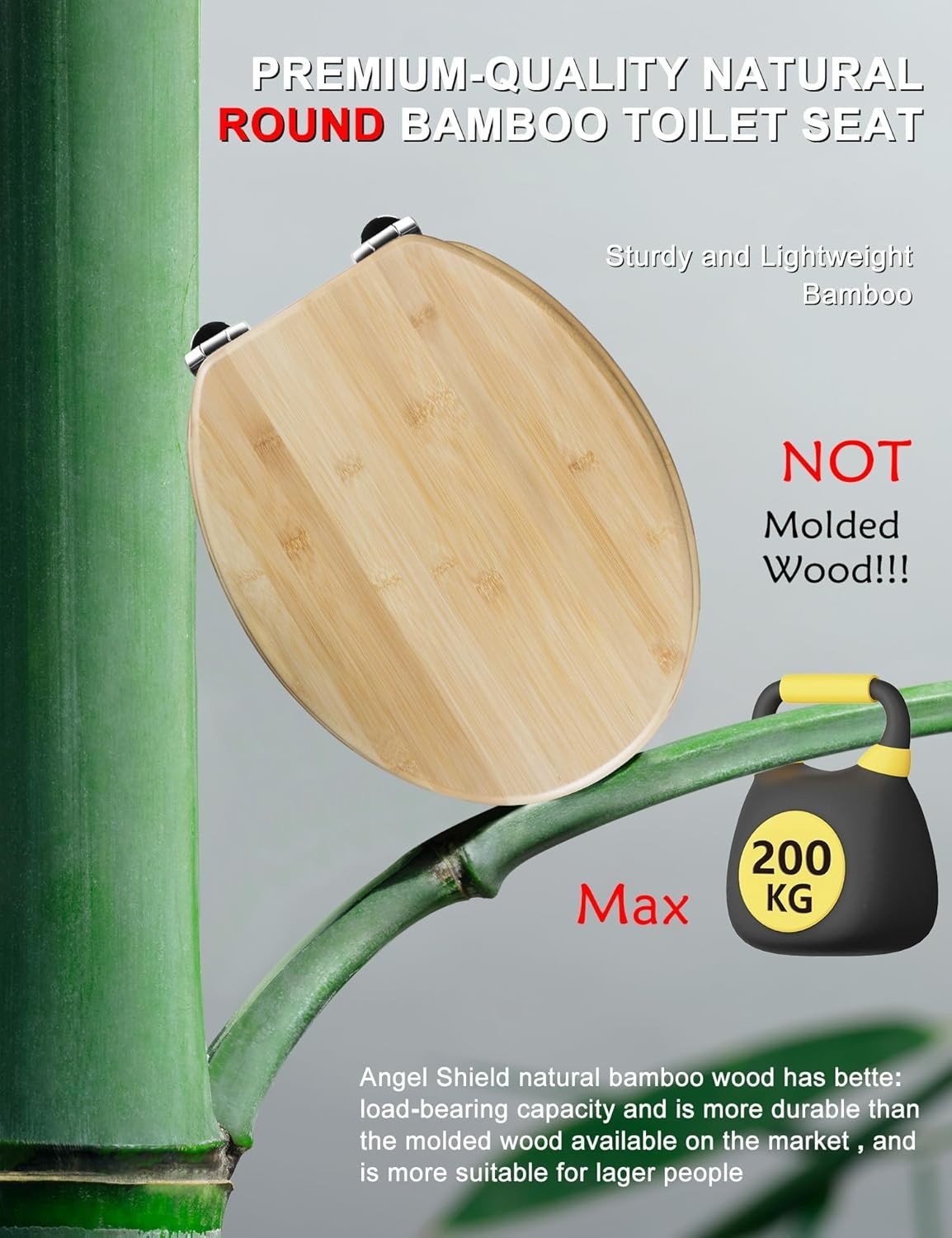 Bamboo Toilet Seat Soft Close O Shape Quick Release Adjustable Top Fix 45x37cm