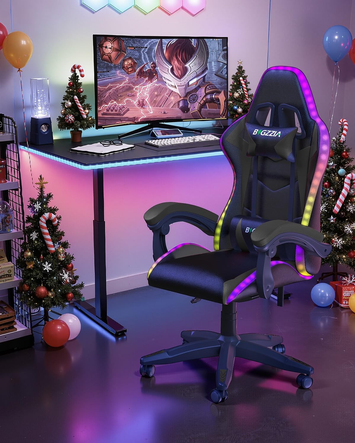 Ergonomic LED Gaming Chair with Footrest & Lumbar Support – Black High-Back